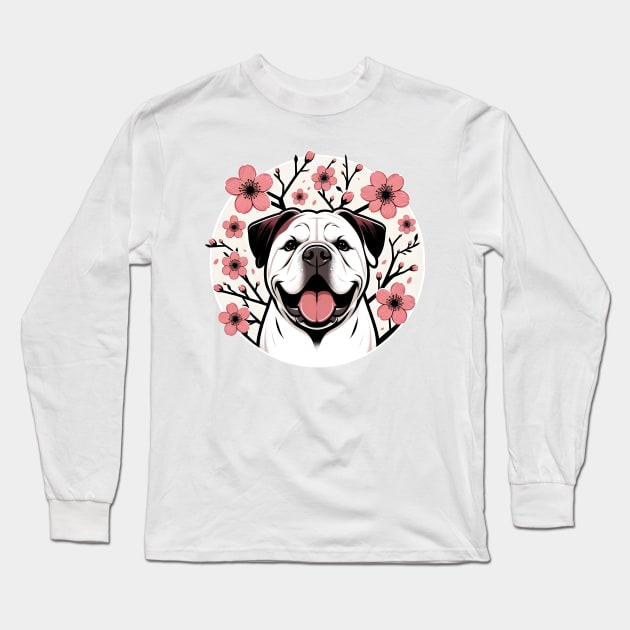 American Bulldog Welcomes Spring with Cherry Blossoms Long Sleeve T-Shirt by ArtRUs